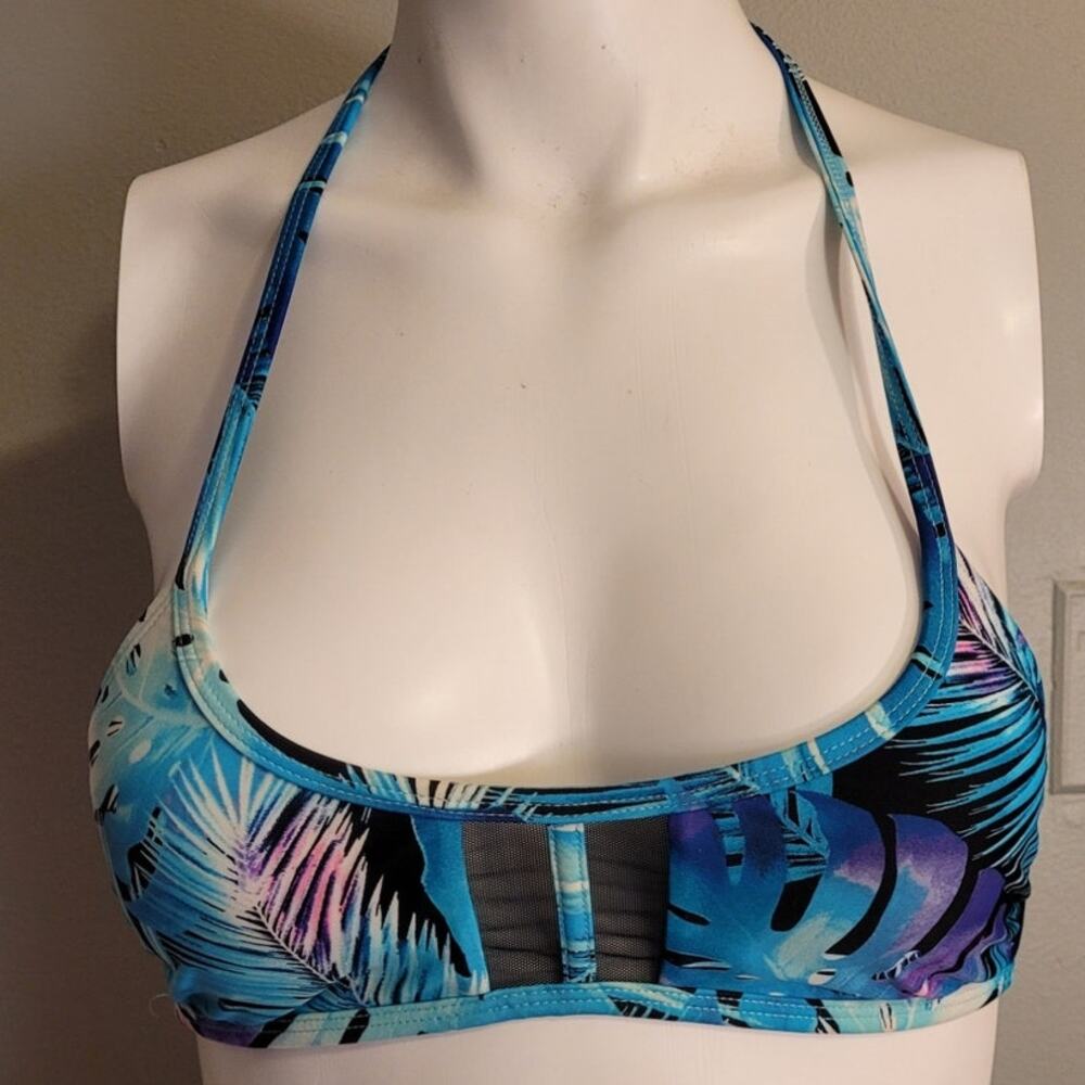 Blue Tropical Print Bikini Top Small Mesh Cutout Halter Y2K Surf Beach Swimwear